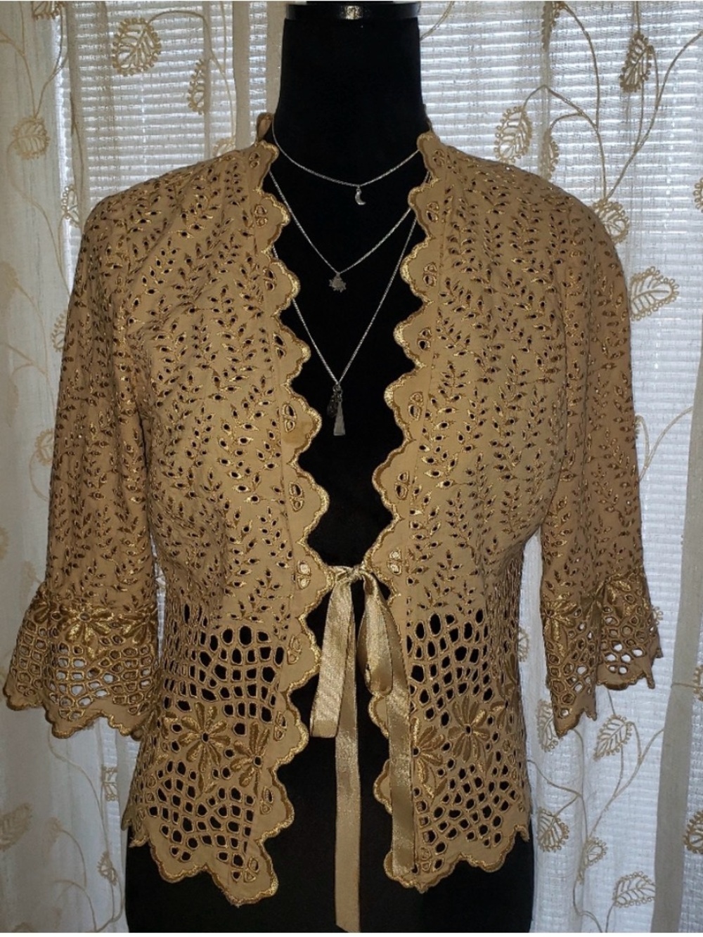 Muse Gold Tan Eyelet Lace Jacket Cardigan 100% Cotton Tie Front Boho Cottagecore